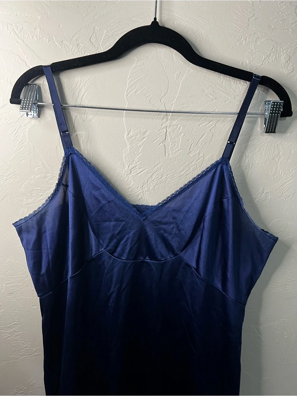 Vanity Fair Vintage 80s Navy Blue Semi Sheer Lace Trim Midi Slip Dress